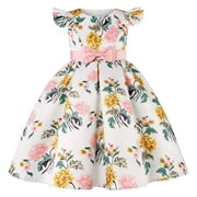 Kids Girls Floral Princess Dress Ruffle Sleeve Bowknot Gowns Birthday Party Dress Children's Bow Printed Dress Holiday Evening Gowns Pink